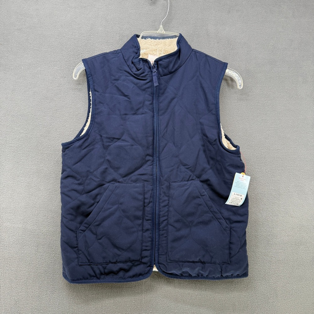 Cat Jack Reversible Quilted Sherpa Puffer Vest Navy Cream Kids L 10 12